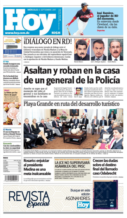 Portada Periódico Periódico Hoy, Miércoles 13 de Septiembre 2017