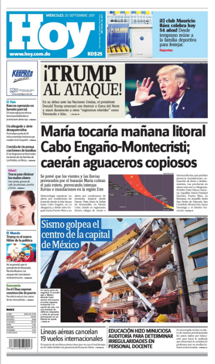 Portada Periódico Periódico Hoy, Miércoles 20 de Septiembre 2017