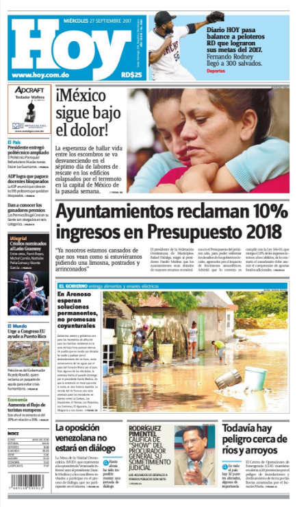 Portada Periódico Periódico Hoy, Miércoles 27 de Septiembre 2017