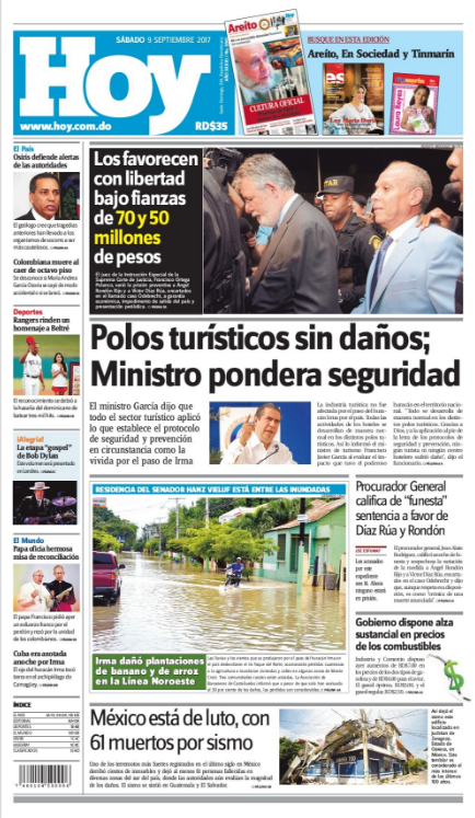 Portada Periódico Periódico Hoy, Sábado 09 de Septiembre 2017