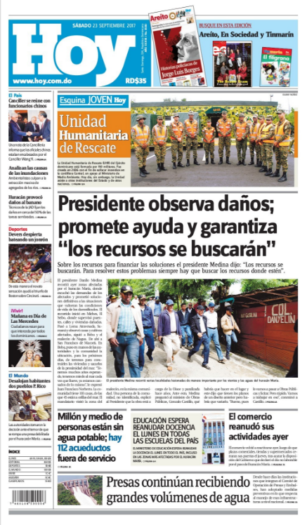 Portada Periódico Periódico Hoy, Sábado 23 de Septiembre 2017