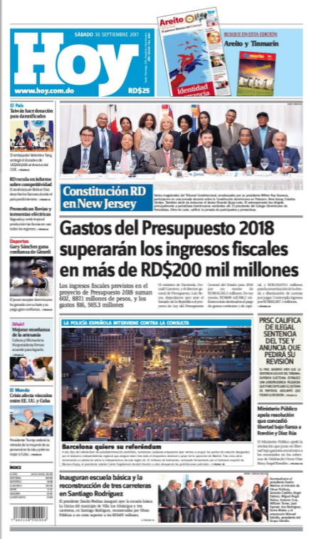 Portada Periódico Periódico Hoy, Sábado 30 de Septiembre 2017