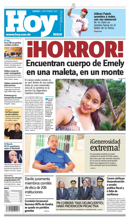 Portada Periódico Periódico Hoy, Viernes 01 de Septiembre 2017