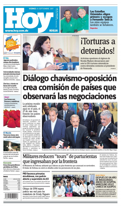 Portada Periódico Periódico Hoy, Viernes 15 de Septiembre 2017