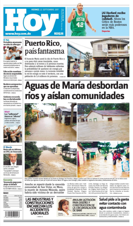 Portada Periódico Periódico Hoy, Viernes 22 de Septiembre 2017