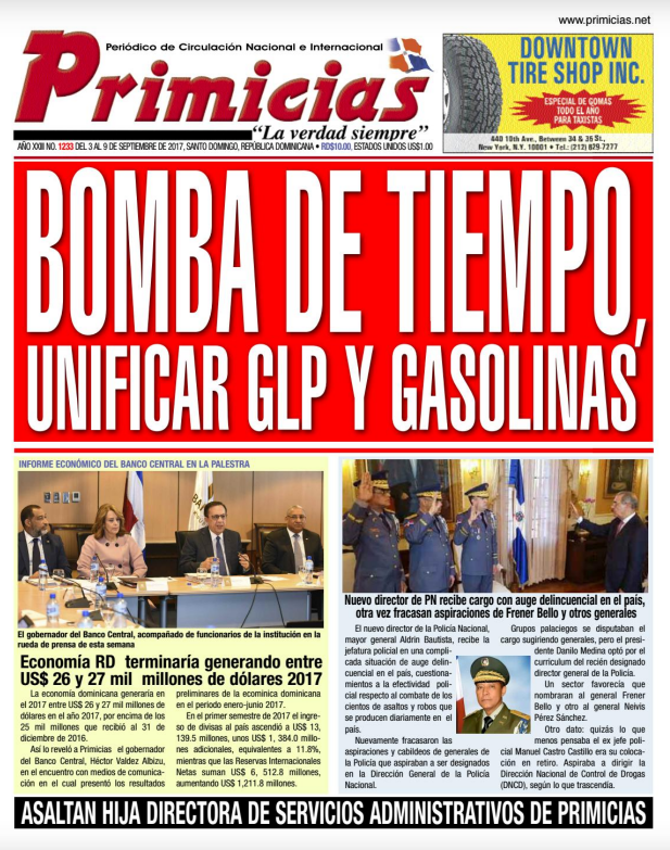 Portada Periódico Primicias, Lunes 04 de Septiembre 2017