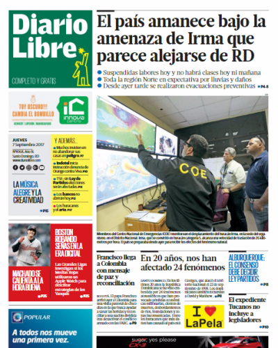 Portada Periódico Diario Libre, Jueves 07 de Septiembre 2017