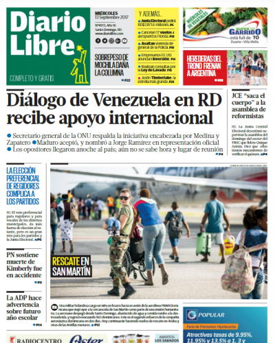 Portada Periódico Diario Libre, Jueves 14 de Septiembre 2017