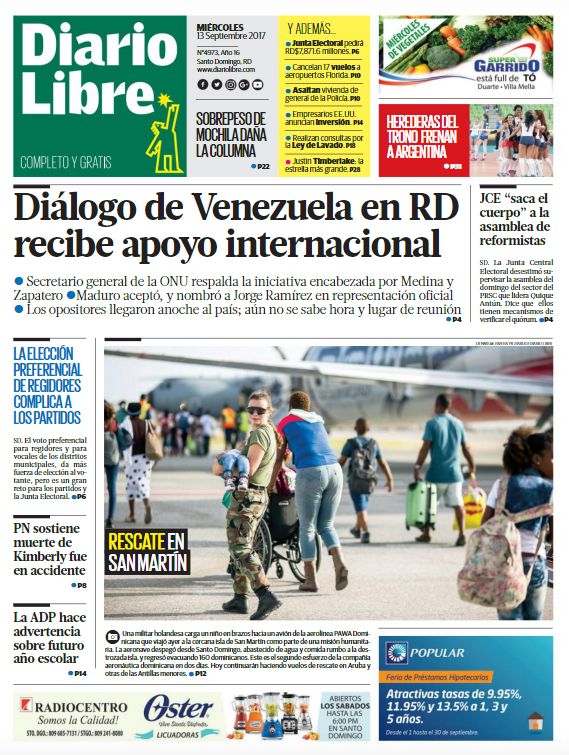 Portada Periódico Diario Libre, Jueves 14 de Septiembre 2017