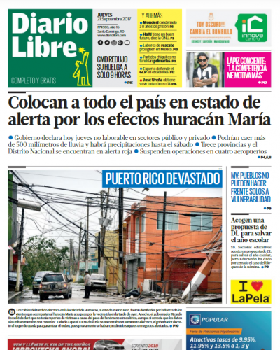 Portada Periódico Diario Libre, Jueves 21 de Septiembre 2017