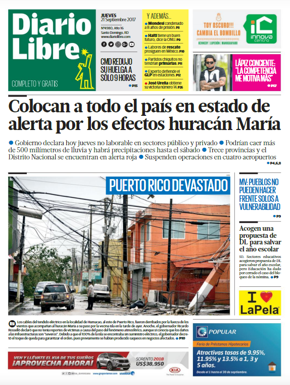 Portada Periódico Diario Libre, Jueves 21 de Septiembre 2017