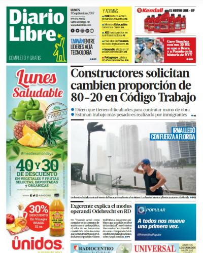 Portada Periódico Diario Libre, Lunes 11 de Septiembre 2017