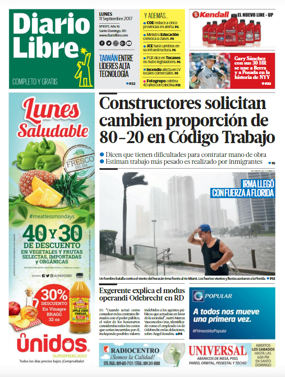 Portada Periódico Diario Libre, Lunes 11 de Septiembre 2017