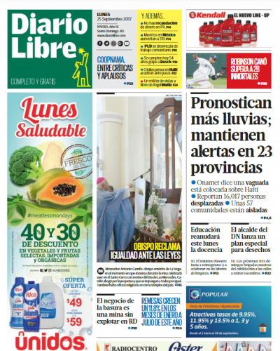 Portada Periódico Diario Libre, Lunes 25 de Septiembre 2017