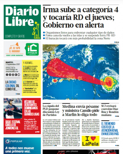 Portada Periódico Diario Libre, Martes 05 de Septiembre 2017