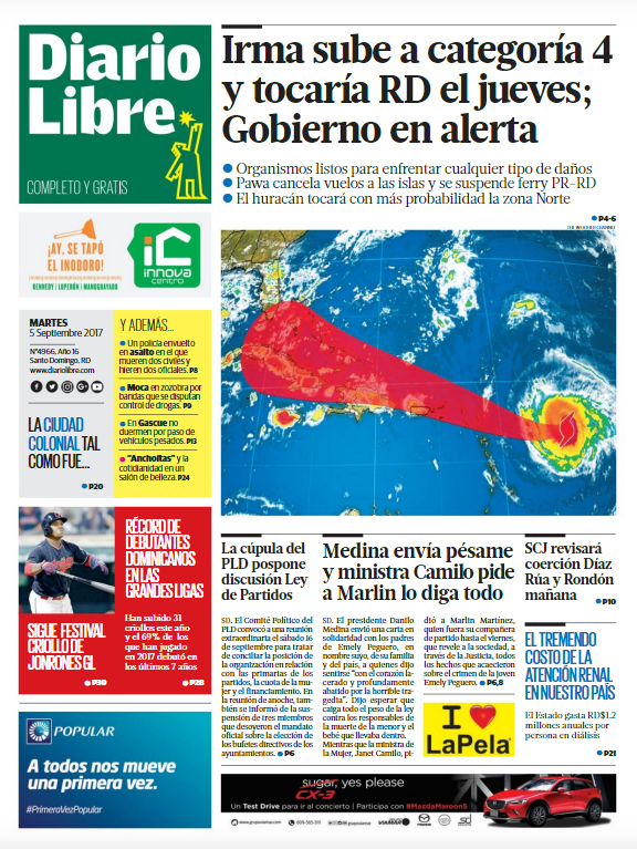 Portada Periódico Diario Libre, Martes 05 de Septiembre 2017