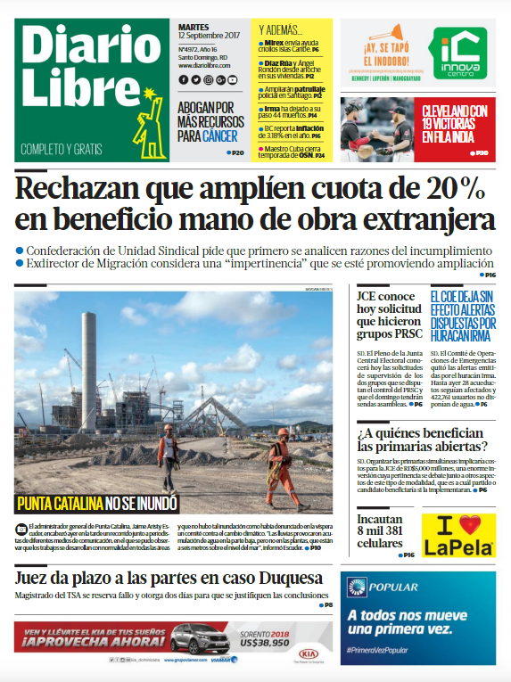 Portada Periódico Diario Libre, Martes 12 de Septiembre 2017
