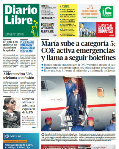 Portada Periódico Diario Libre, Martes 19 de Septiembre 2017