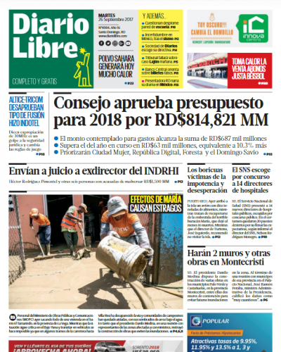 Portada Periódico Diario Libre, Martes 26 de Septiembre 2017