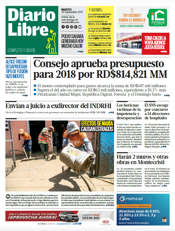 Portada Periódico Diario Libre, Martes 26 de Septiembre 2017