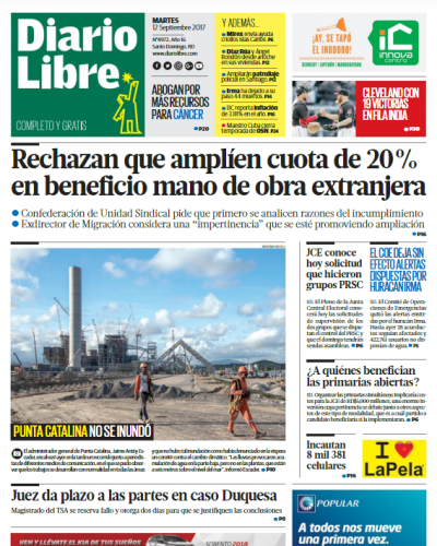 Portada Periódico Diario Libre, Miércoles 13 de Septiembre 2017