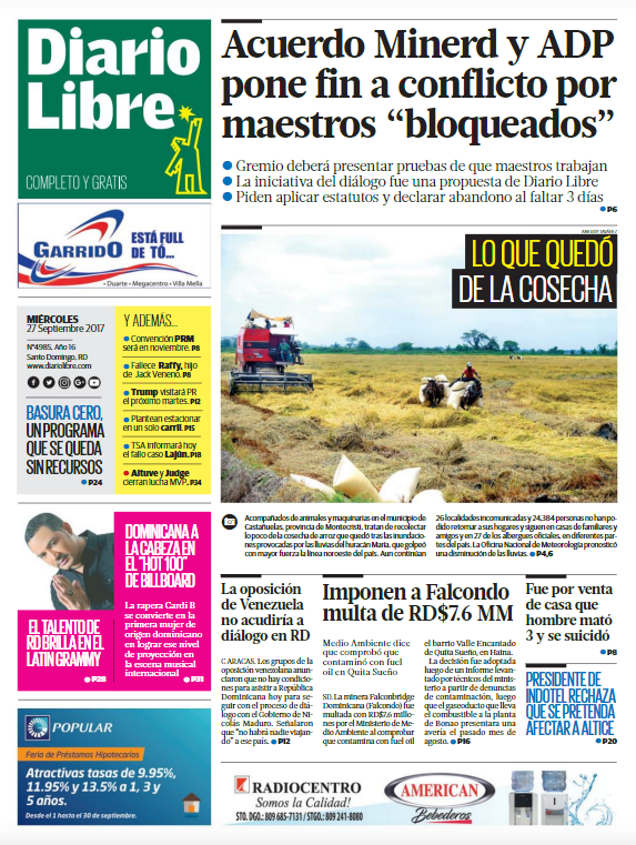 Portada Periódico Diario Libre, Miércoles 27 de Septiembre 2017