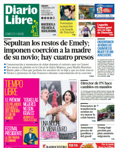 Portada Periódico Diario Libre, Sábado 02 de Septiembre 2017