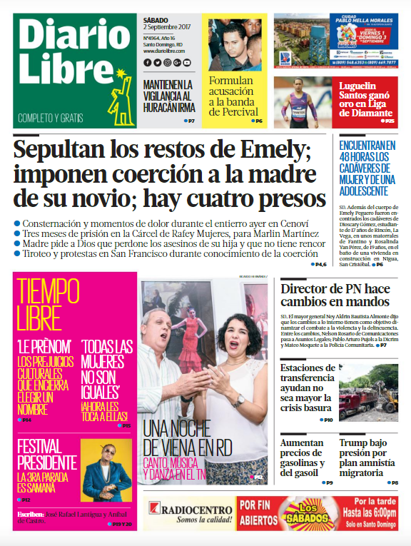 Portada Periódico Diario Libre, Sábado 02 de Septiembre 2017
