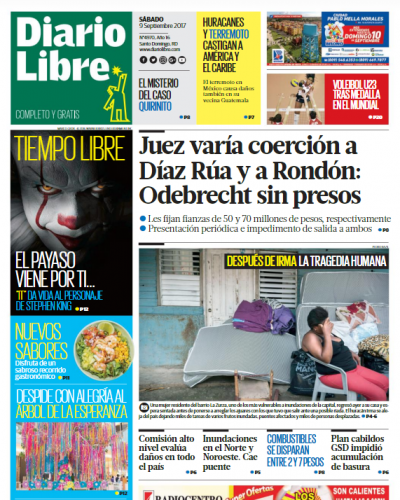 Portada Periódico Diario Libre, Sábado 09 de Septiembre 2017