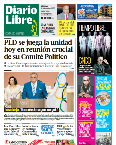 Portada Periódico Diario Libre, Sábado 16 de Septiembre 2017