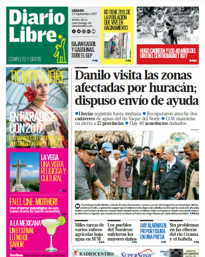 Portada Periódico Diario Libre, Sábado 23 de Septiembre 2017