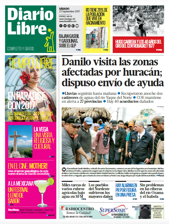 Portada Periódico Diario Libre, Sábado 23 de Septiembre 2017