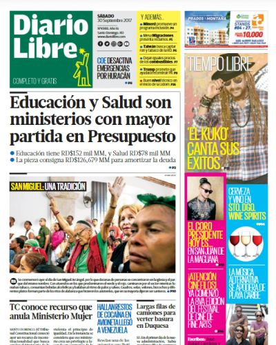 Portada Periódico Diario Libre, Sábado 30 de Septiembre 2017