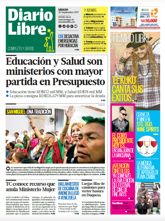 Portada Periódico Diario Libre, Sábado 30 de Septiembre 2017