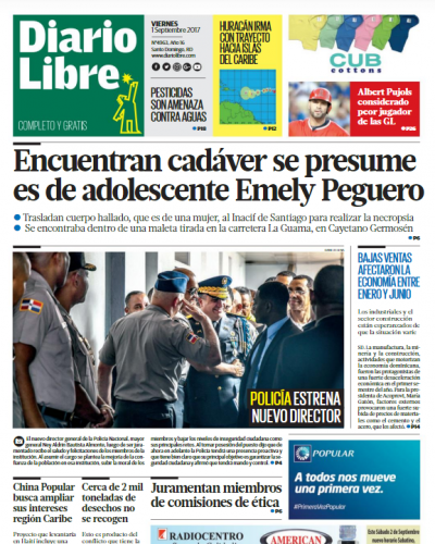 Portada Periódico Diario Libre, Viernes 01 de Septiembre 2017