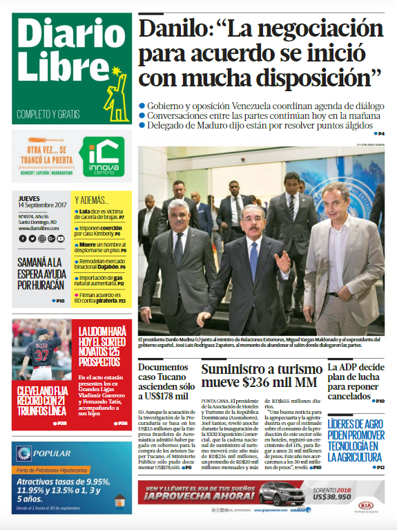 Portada Periódico Diario Libre, Viernes 15 de Septiembre 2017