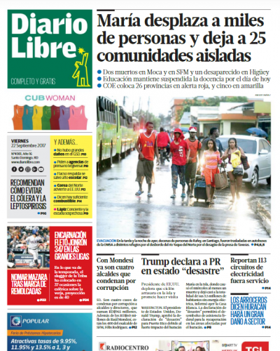 Portada Periódico Diario Libre, Viernes 22 de Septiembre 2017