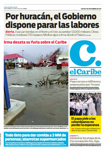 Portada Periódico El Caribe, Jueves 07 de Septiembre 2017