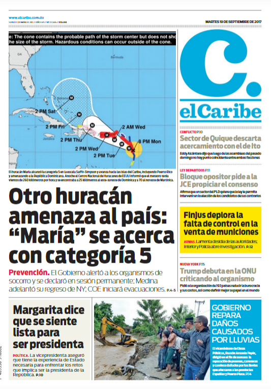 Portada Periódico El Caribe, Martes 19 de Septiembre 2017