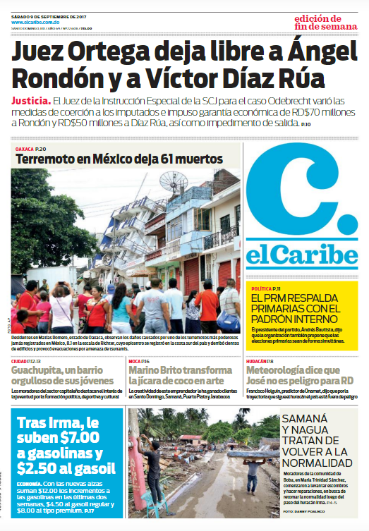 Portada Periódico El Caribe, Sábado 09 de Septiembre 2017
