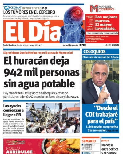 Portada Periódico El Día, Lunes 25 de Septiembre 2017