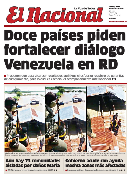 Portada Periódico El Nacional, Domingo 24 de Septiembre 2017