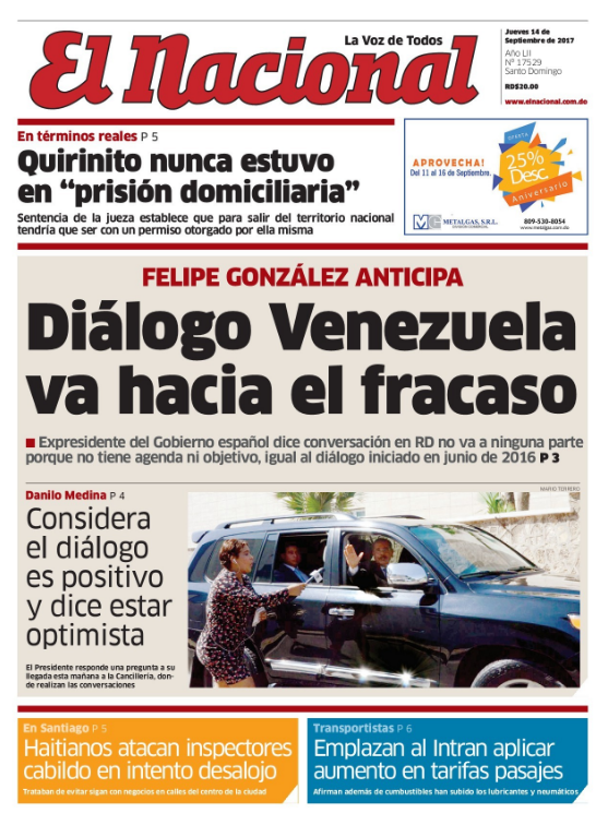 Portada Periódico El Nacional, Jueves 14 de Septiembre 2017