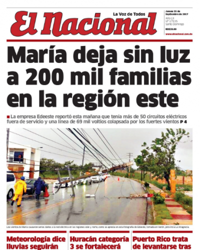 Portada Periódico El Nacional, Jueves 21 de Septiembre 2017