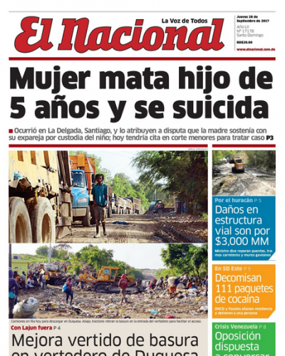 Portada Periódico El Nacional, Jueves 28 de Septiembre 2017