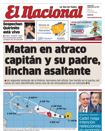 Portada Periódico El Nacional, Lunes 04 de Septiembre 2017