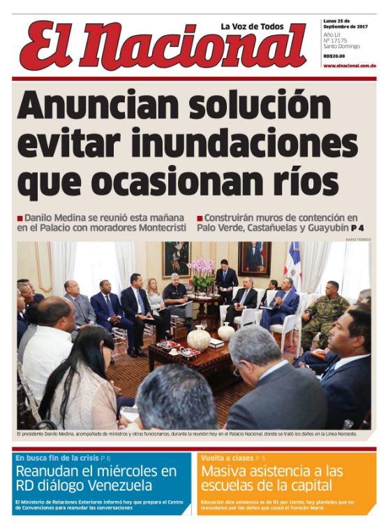 Portada Periódico El Nacional, Lunes 25 de Septiembre 2017