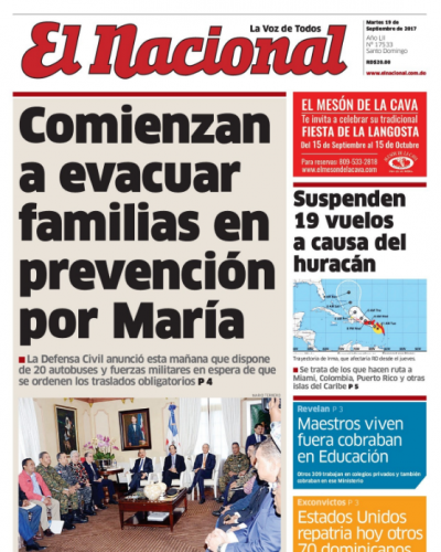 Portada Periódico El Nacional, Martes 19 de Septiembre 2017