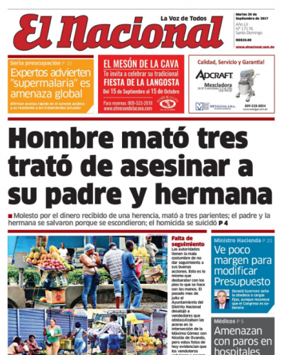 Portada Periódico El Nacional, Martes 26 de Septiembre 2017