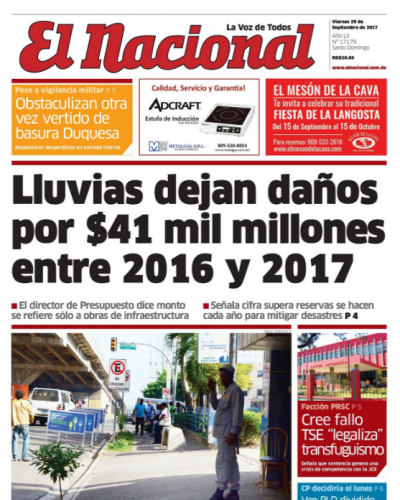 Portada Periódico El Nacional, Viernes 29 de Septiembre 2017